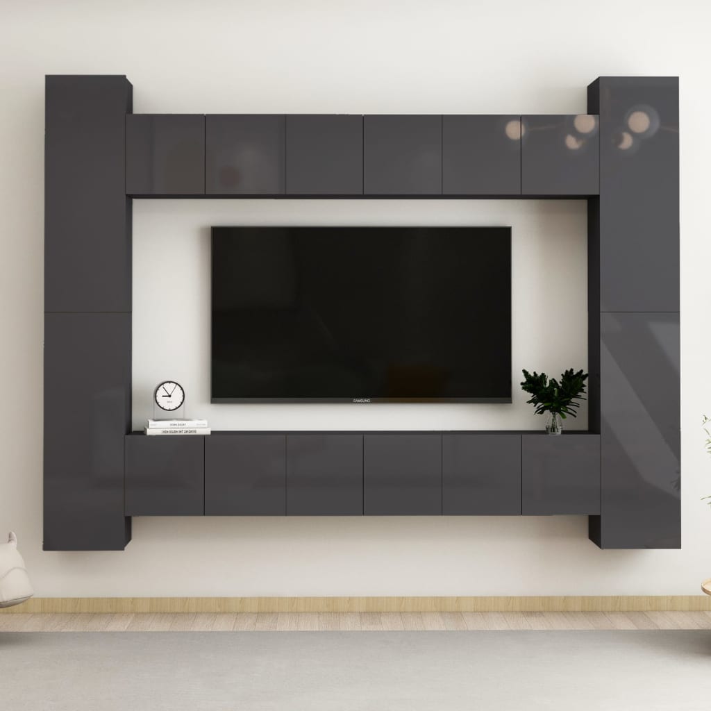 Vetonek Muebles de TV de salón 10 pzas madera de ingeniería gris brillo