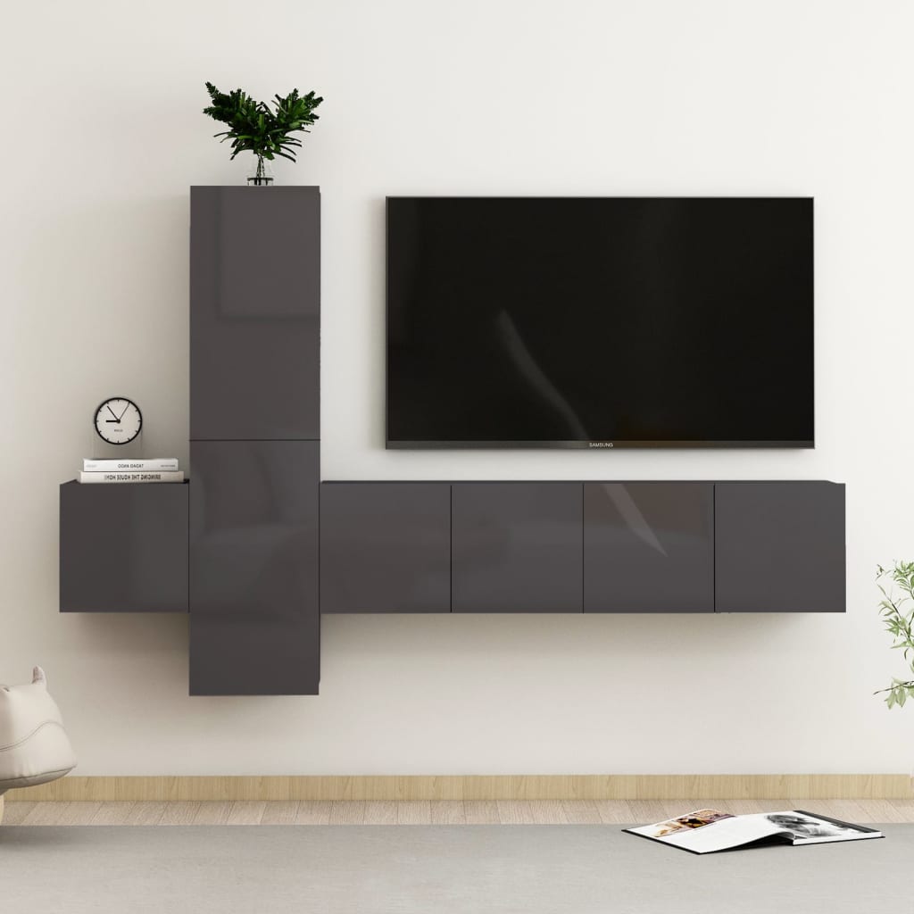 Vetonek Muebles de TV de salón 5 pzas madera de ingeniería gris brillo