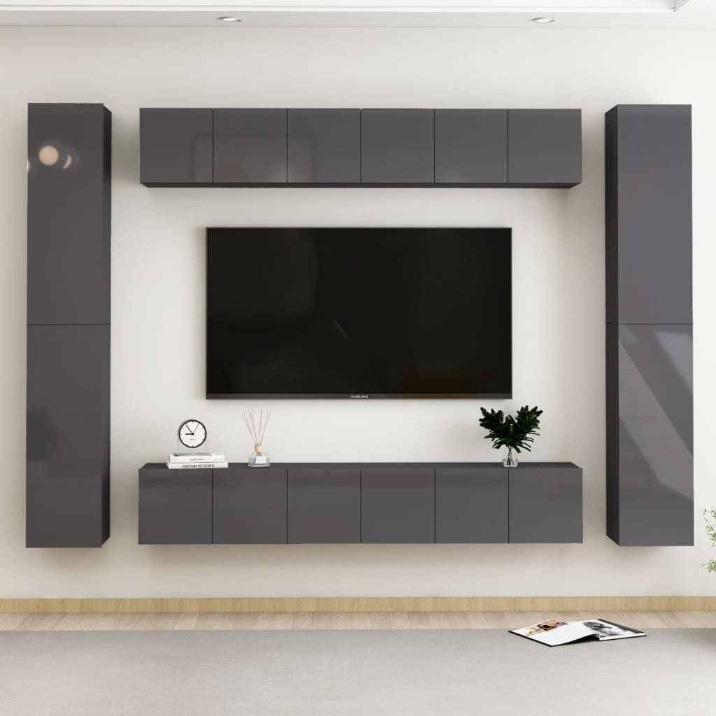 Vetonek Muebles de TV de salón 10 pzas madera de ingeniería gris brillo