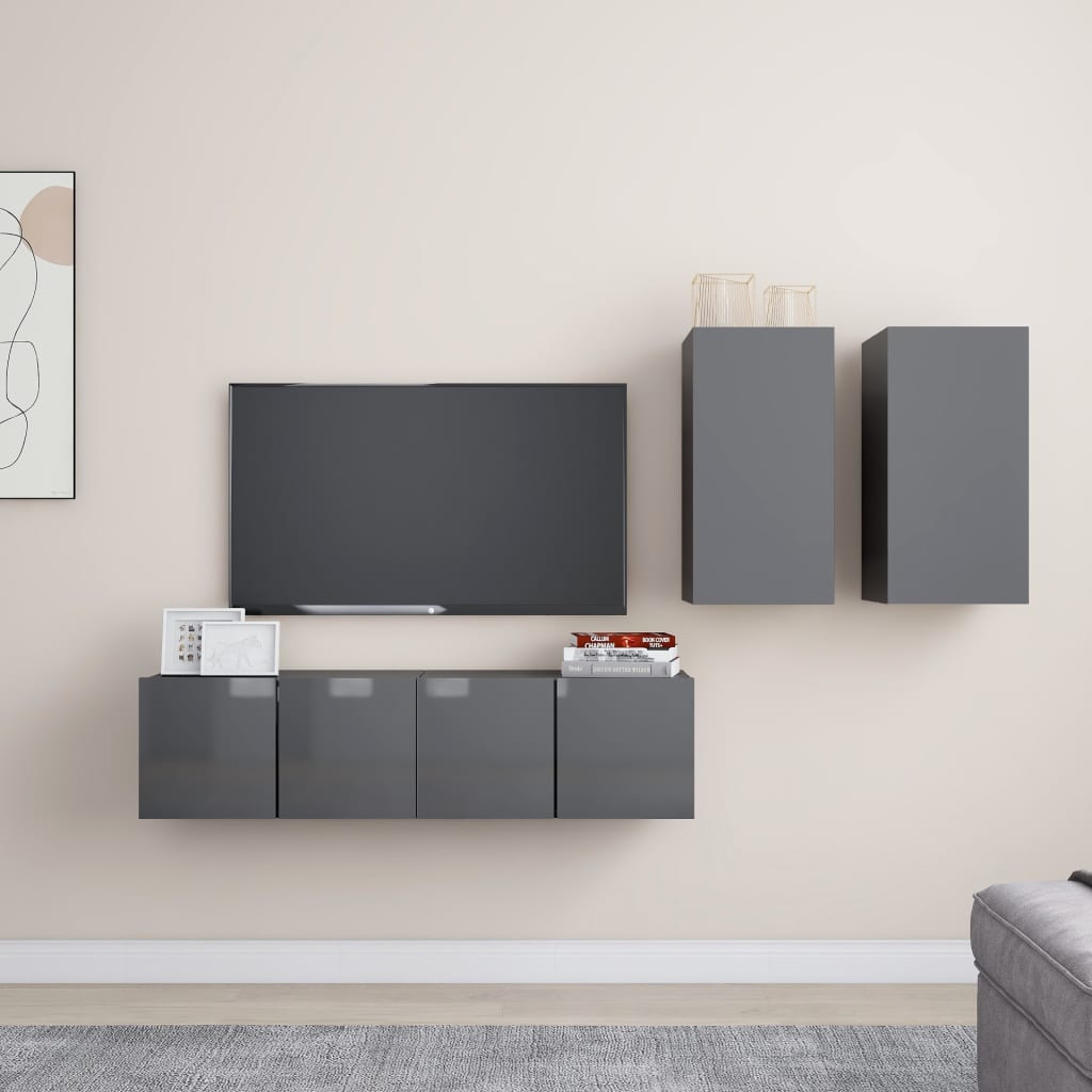 Vetonek Muebles de TV de salón 4 pzas madera de ingeniería gris brillo