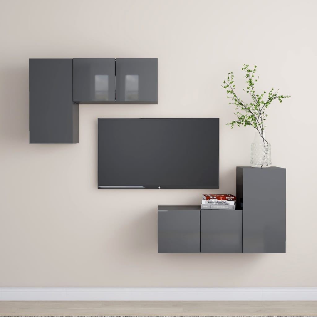 Vetonek Muebles de TV de salón 4 pzas madera de ingeniería gris brillo