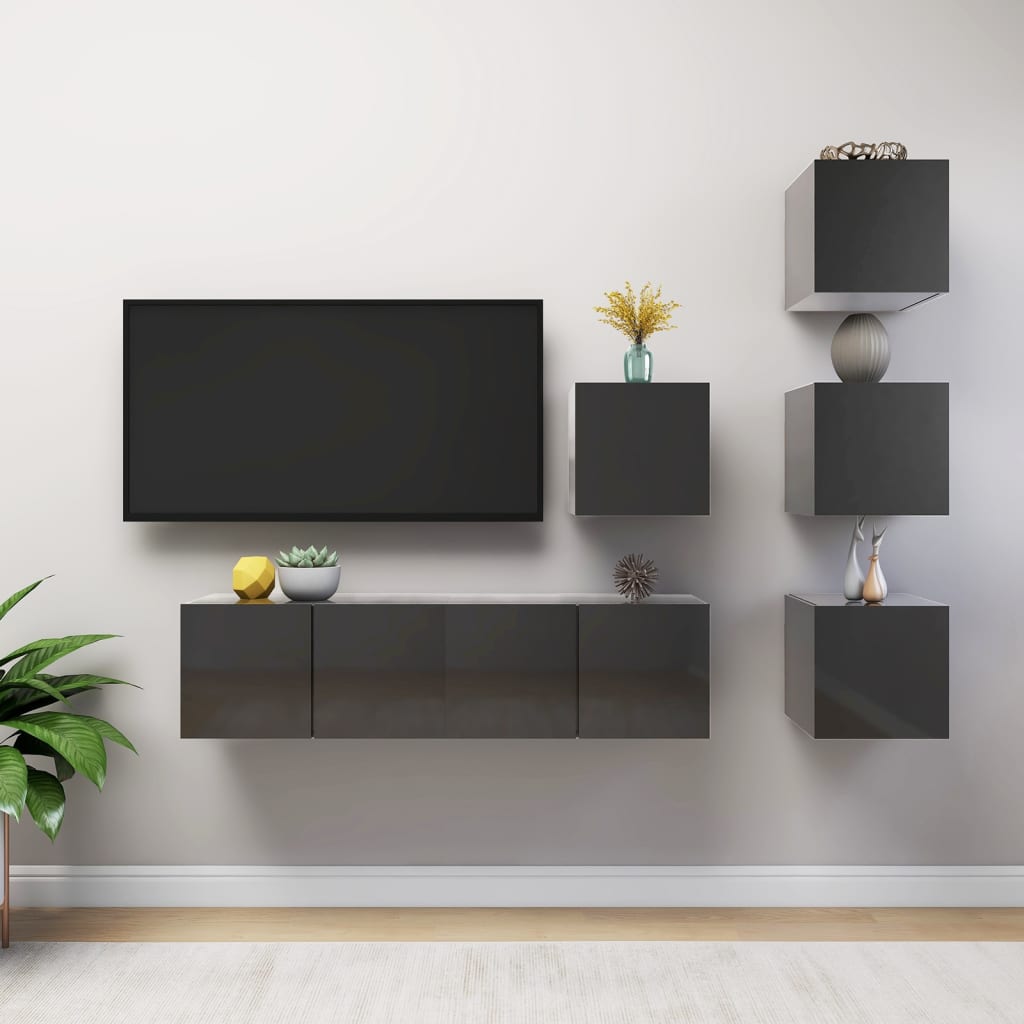 Vetonek Muebles de TV de salón 6 pzas madera de ingeniería gris brillo