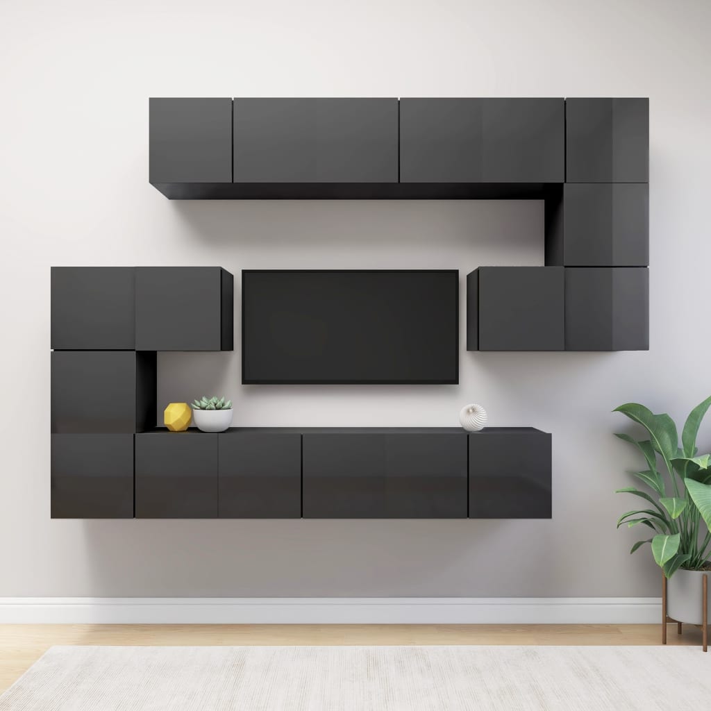 Vetonek Muebles de TV de salón 10 pzas madera de ingeniería gris brillo