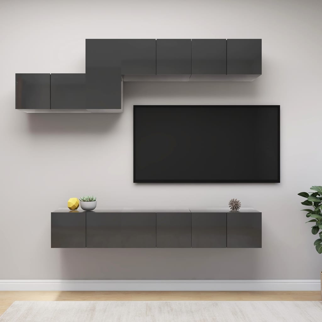 Vetonek Muebles de TV de salón 7 pzas madera de ingeniería gris brillo