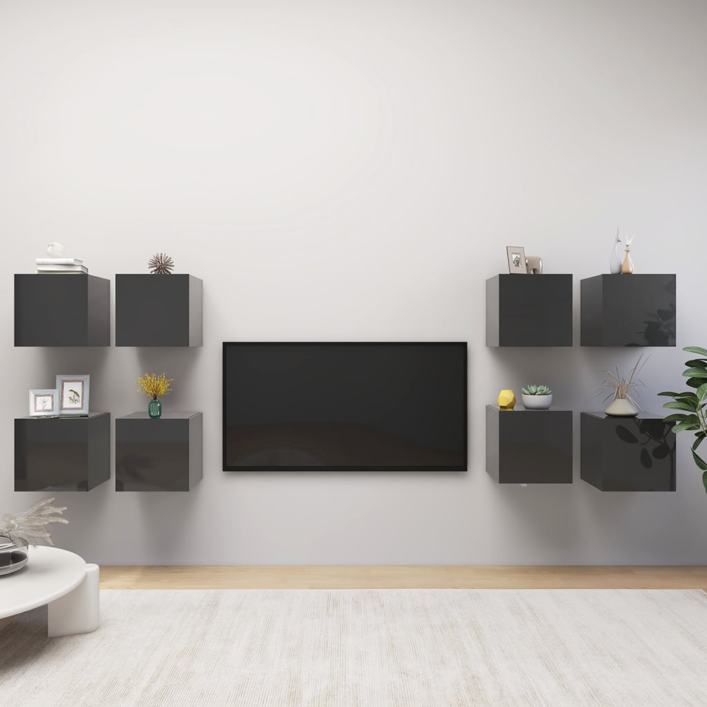 Vetonek Muebles de pared para TV 8 uds gris con brillo 30,5x30x30 cm