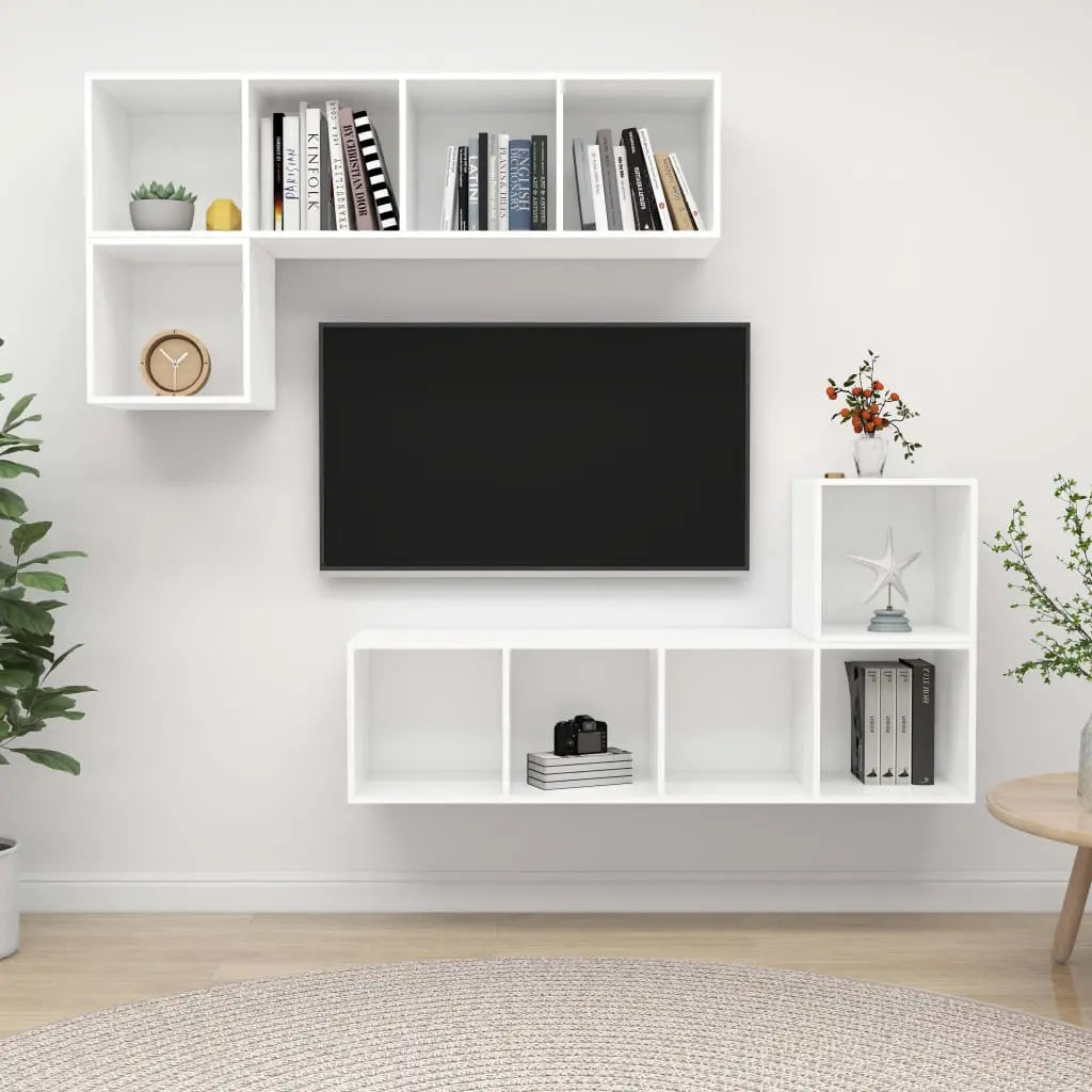 Vetonek Juego de mueble para TV de 4 piezas madera contrachapada blanco