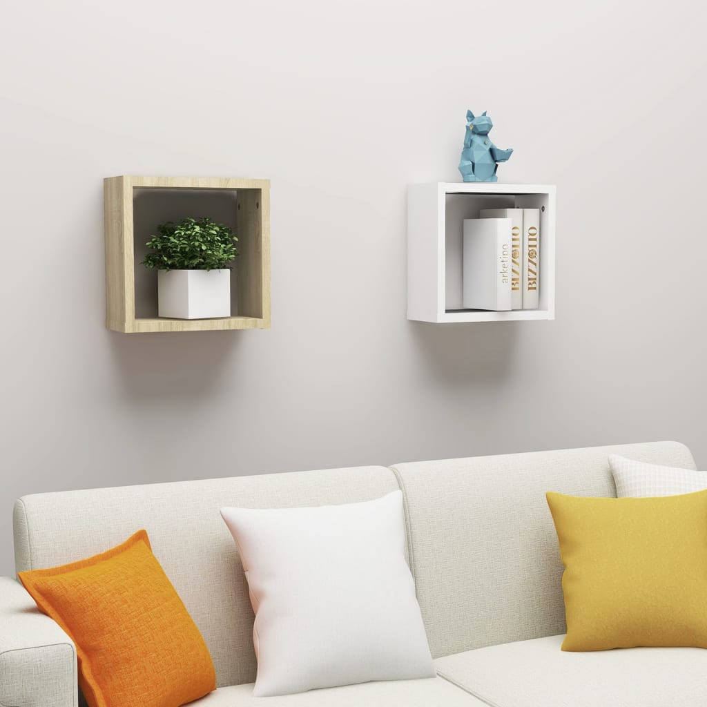 Vetonek Estantes cubo de pared 2 uds blanco y roble Sonoma 30x15x30 cm