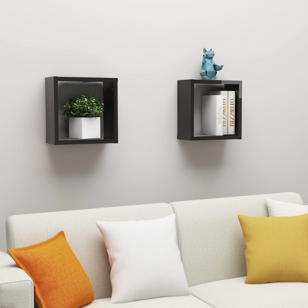 Vetonek Estantes cubo de pared 2 unidades negro brillo 30x15x30 cm