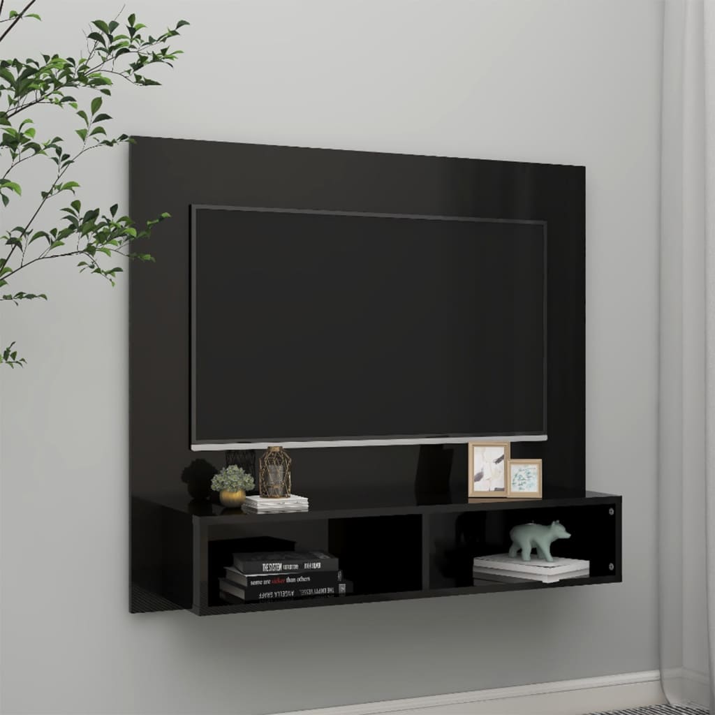 Vetonek Mueble TV de pared contrachapado negro brillante 102x23,5x90 cm