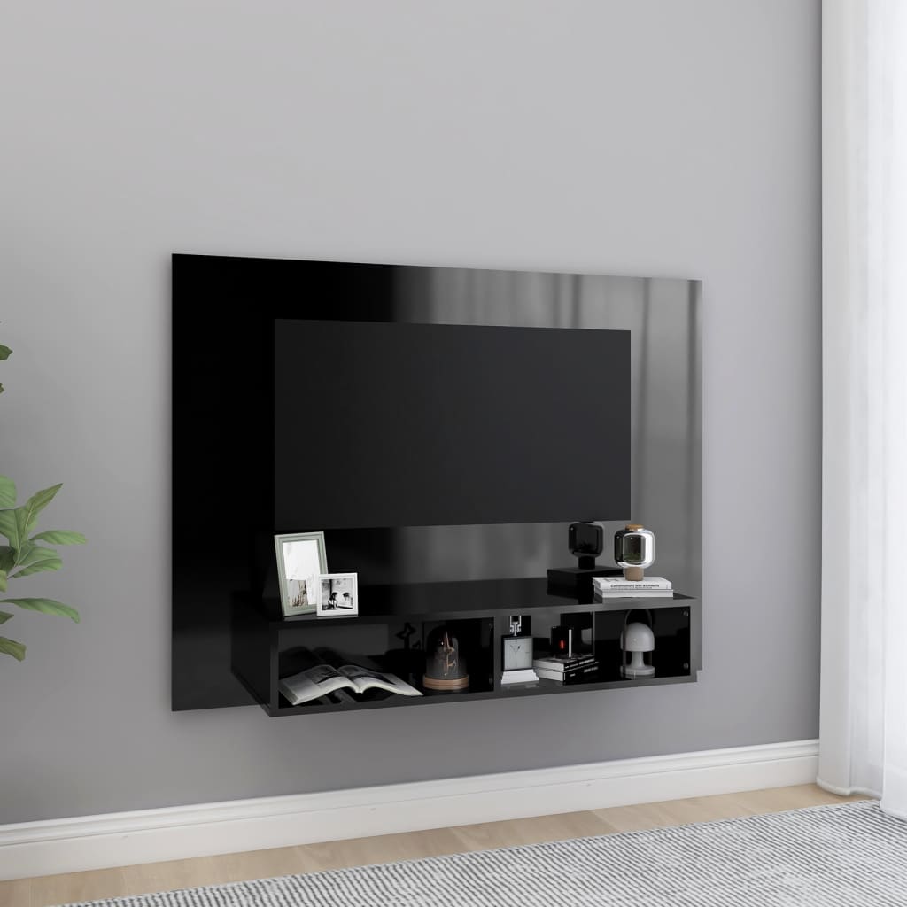 Vetonek Mueble TV de pared contrachapado negro brillante 120x23,5x90 cm