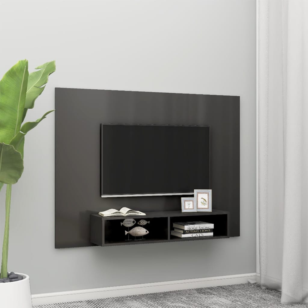 Vetonek Mueble TV de pared contrachapado gris brillante 135x23,5x90 cm