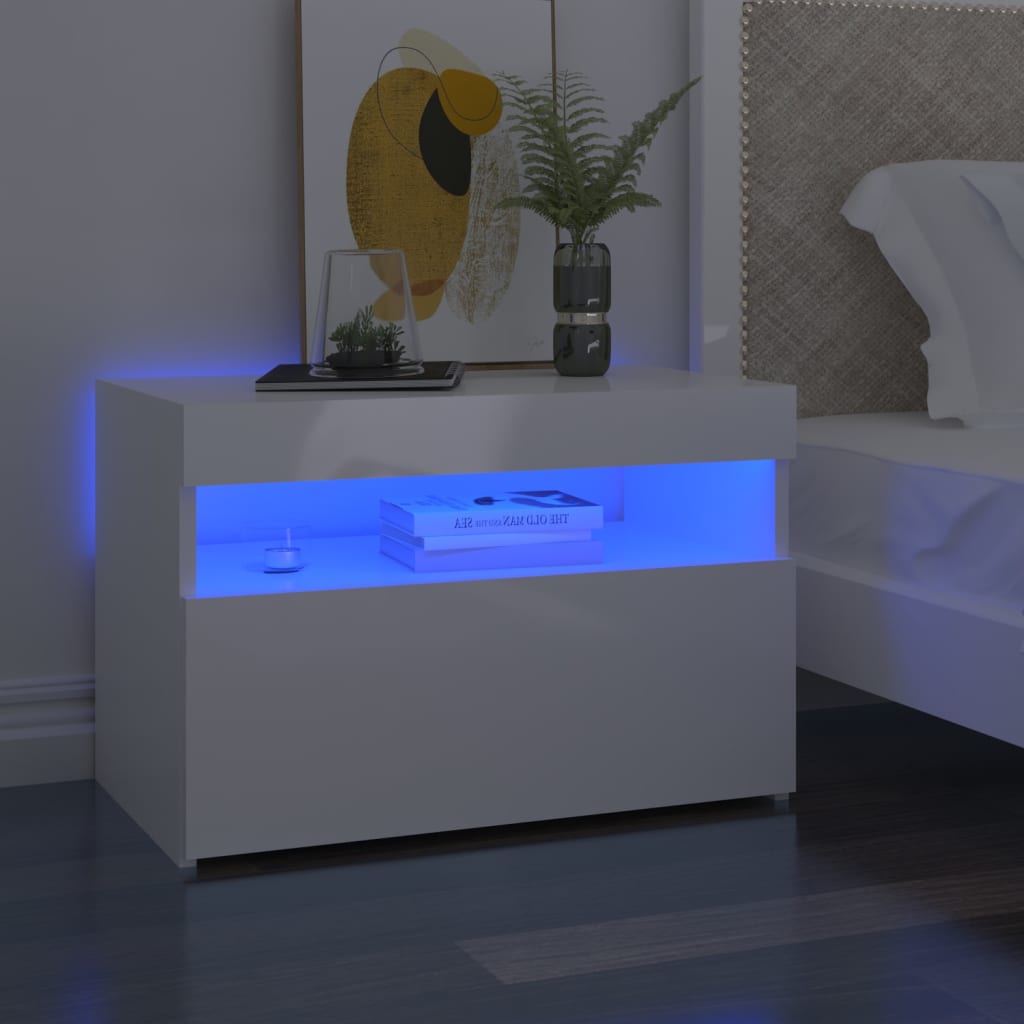 Vetonek Mesita de noche con LED contrachapada blanco brillo 60x35x40 cm