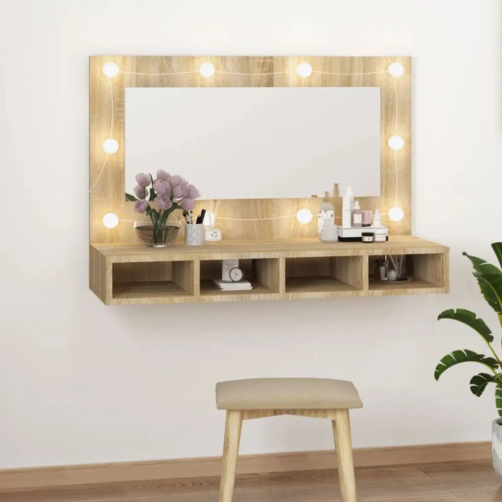 Vetonek Mueble con espejo y luces LED color roble Sonoma 90x31,5x62 cm