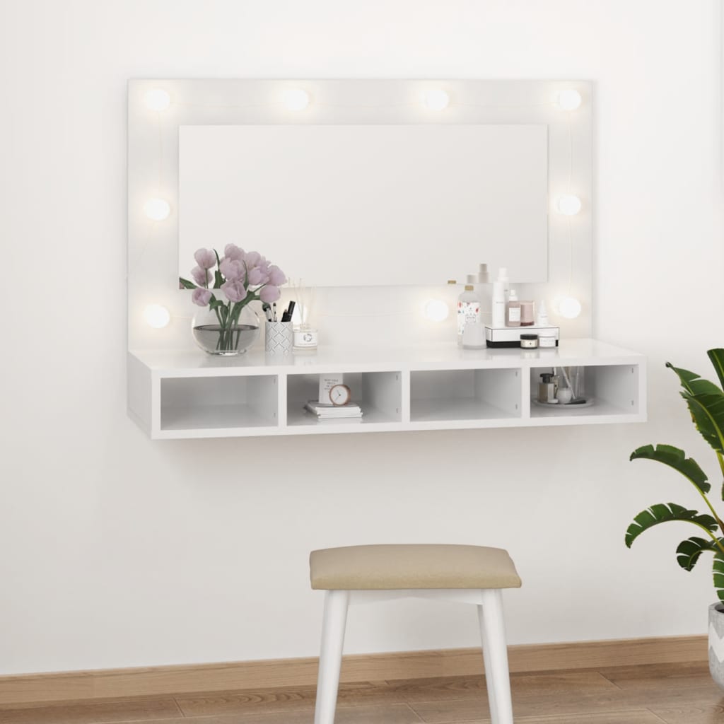 Vetonek Mueble con espejo y luces LED blanco brillante 90x31,5x62 cm