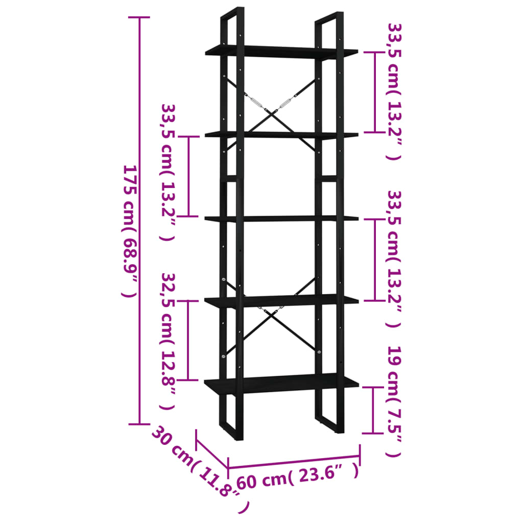 Estantería 5 niveles madera de pino negro 60x30x175 cm vidaXL