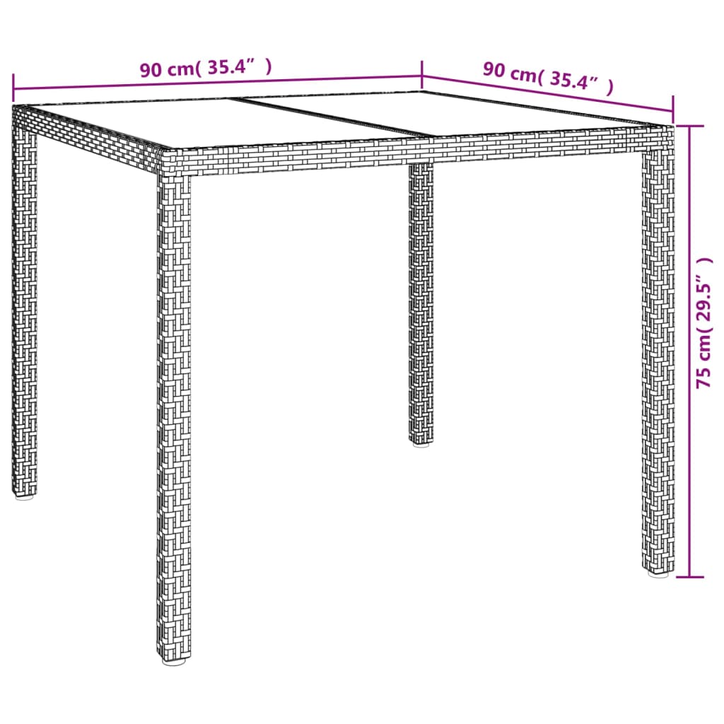 Mesa jardín vidrio templado ratán sintético 90x90x75 cm marrón vidaXL