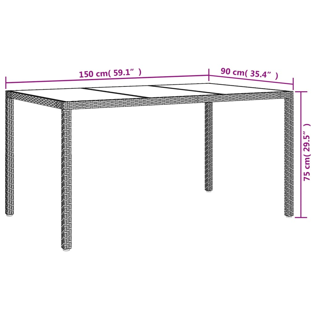 Mesa jardín vidrio templado ratán sintético 150x90x75 cm marrón vidaXL