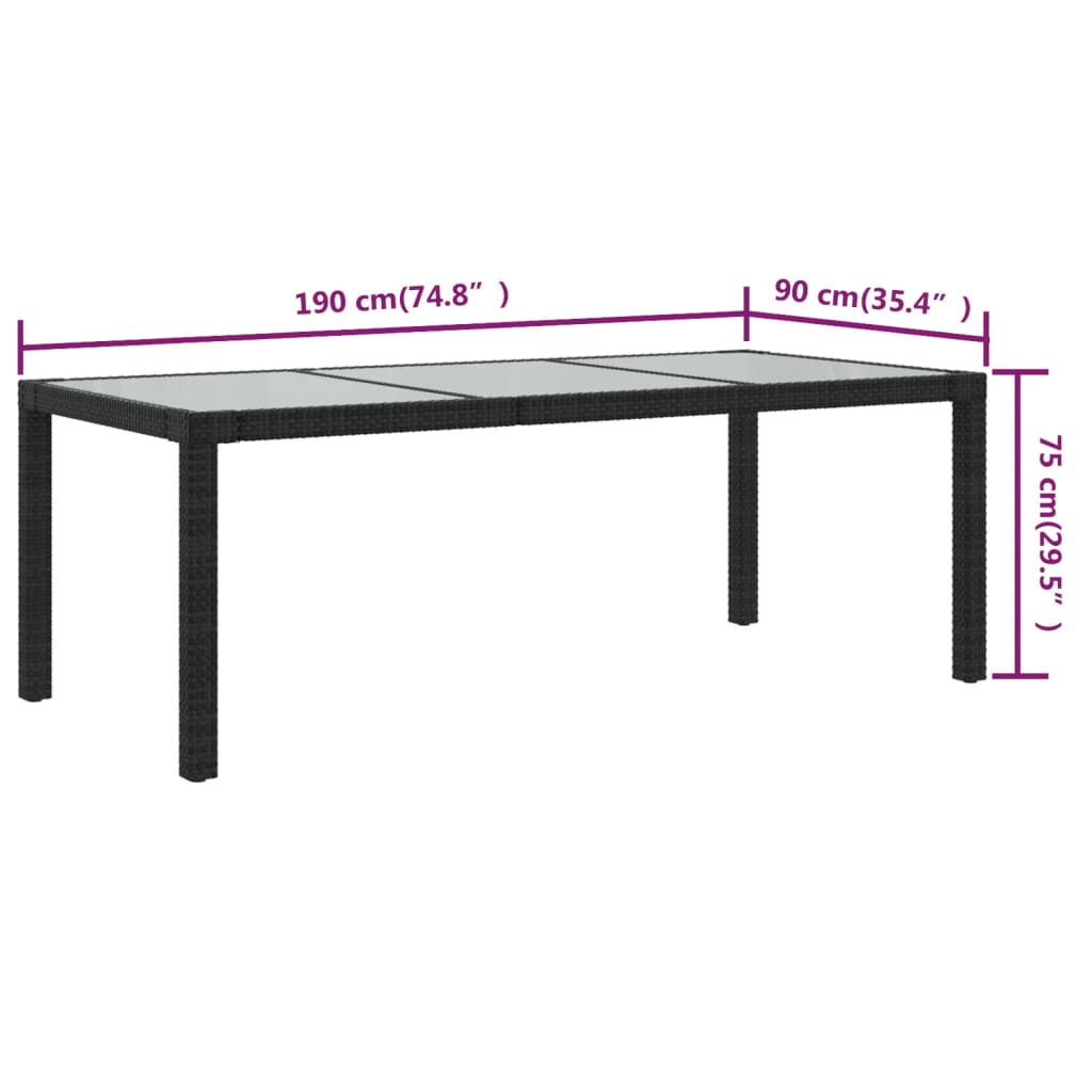 Mesa jardín vidrio templado ratán sintético negra 190x90x75 cm vidaXL