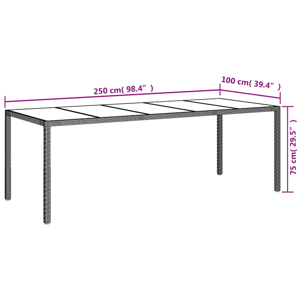 Mesa de jardín de vidrio templado ratán PE gris 250x100x75 cm vidaXL