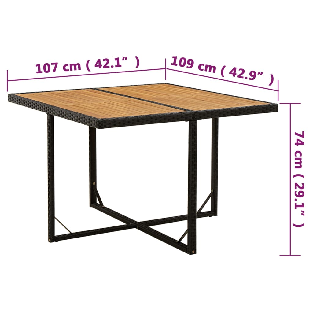 Mesa de jardín ratán sintético madera acacia negro 109x107x74cm vidaXL