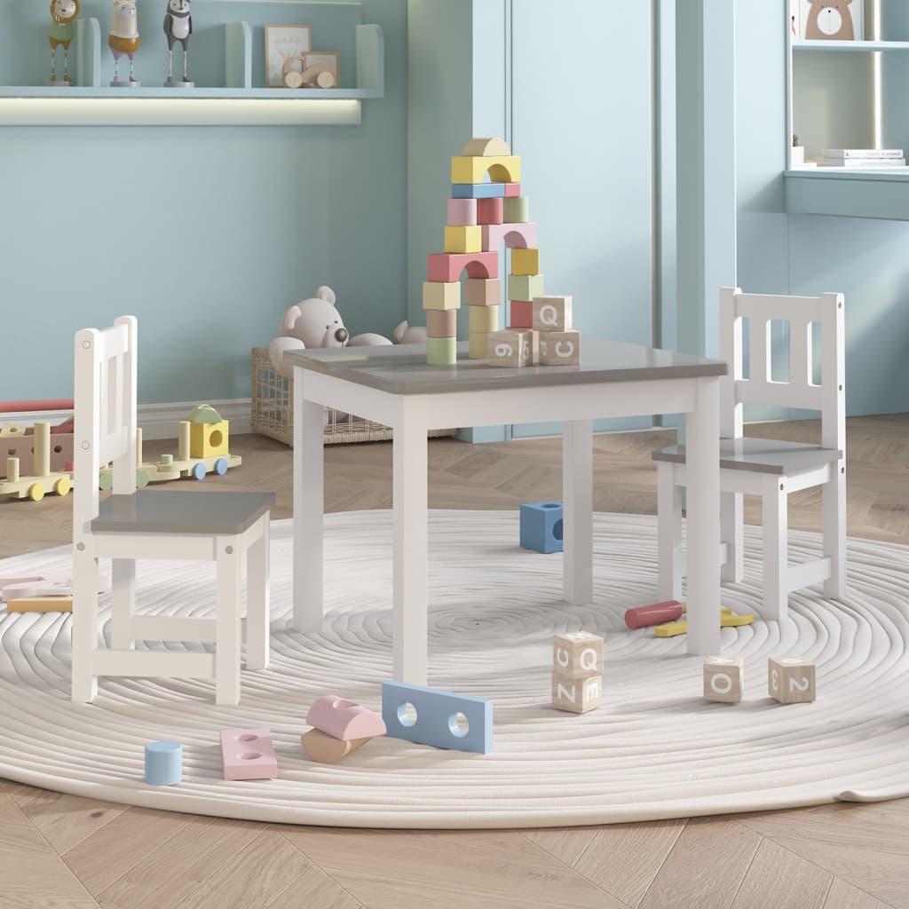 Vetonek Mesa y sillas infantiles 3 piezas MDF blanco y gris