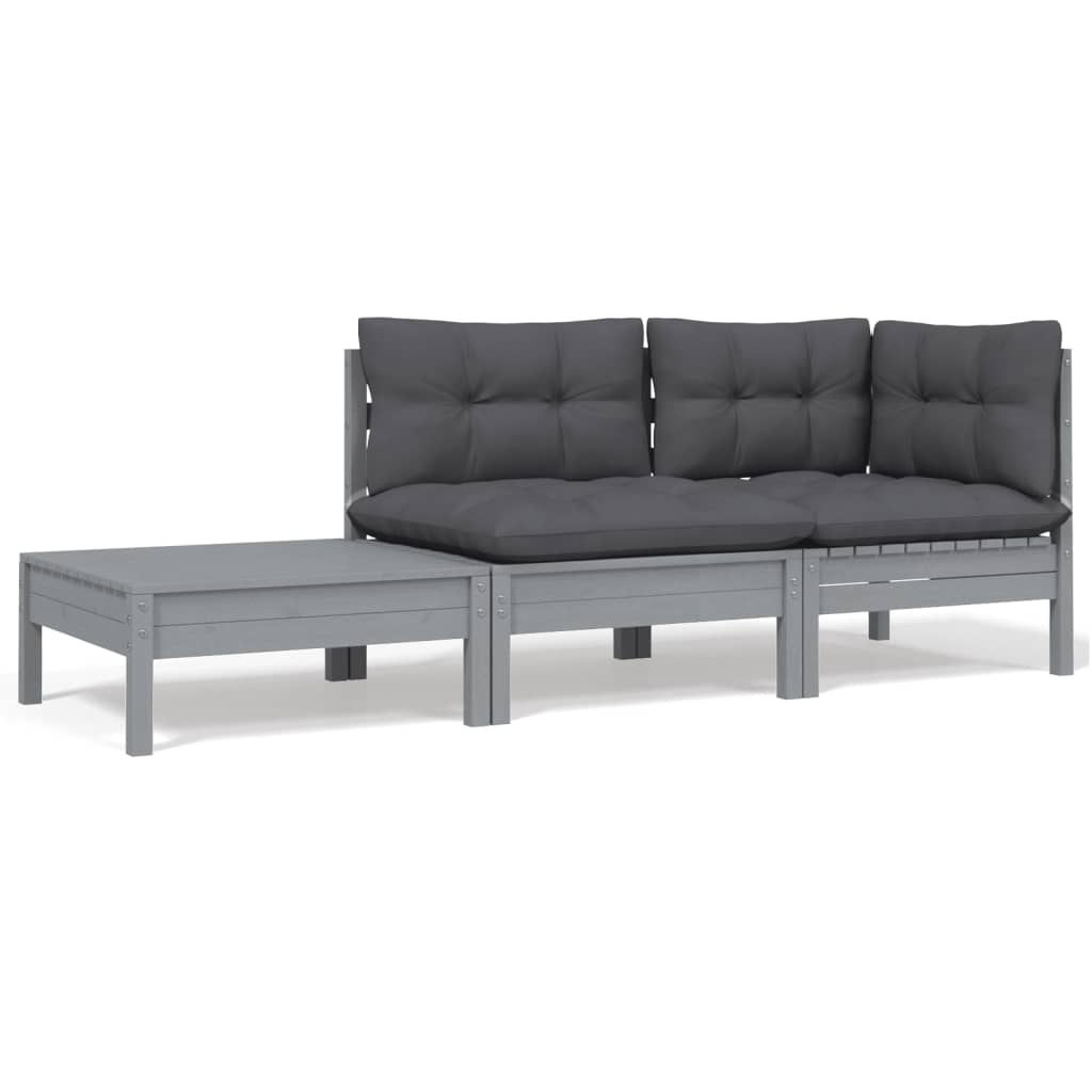 Vetonek Juego muebles de jardín 3 pzas cojines gris madera pino maciza