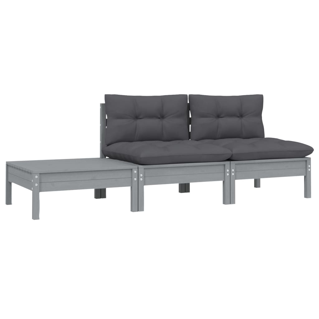 Juego muebles de jardín 3 pzas cojines gris madera pino maciza vidaXL