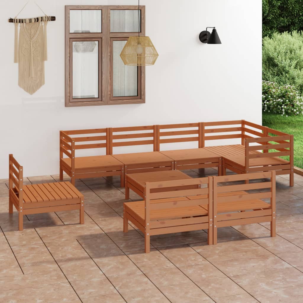 Vetonek Juego muebles de jardín 9 pzas madera maciza pino marrón miel