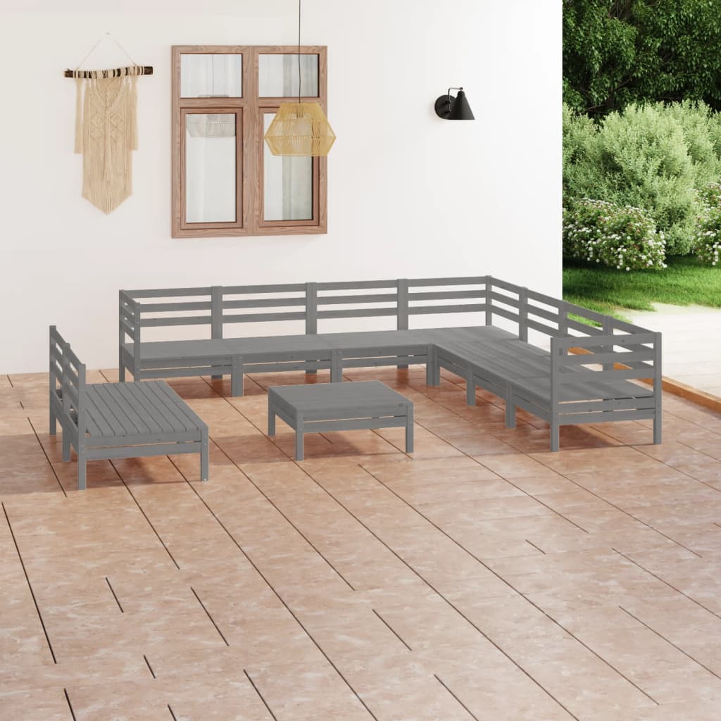 Vetonek Juego de muebles de jardín 10 piezas madera maciza de pino gris