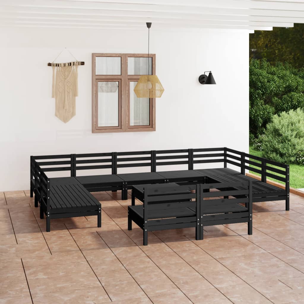 Vetonek Juego de muebles de jardín 12 pzas madera maciza de pino negro