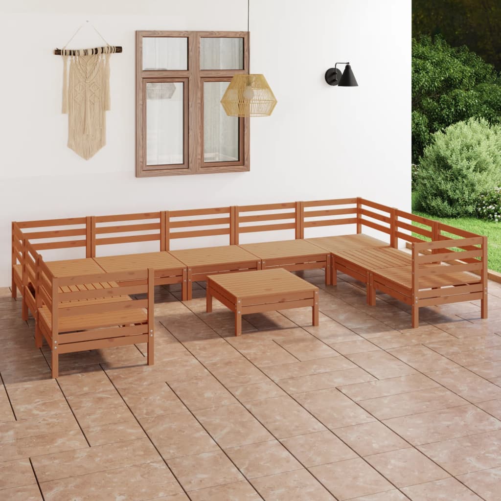 Vetonek Juego muebles de jardín 10 pzas madera maciza pino marrón miel