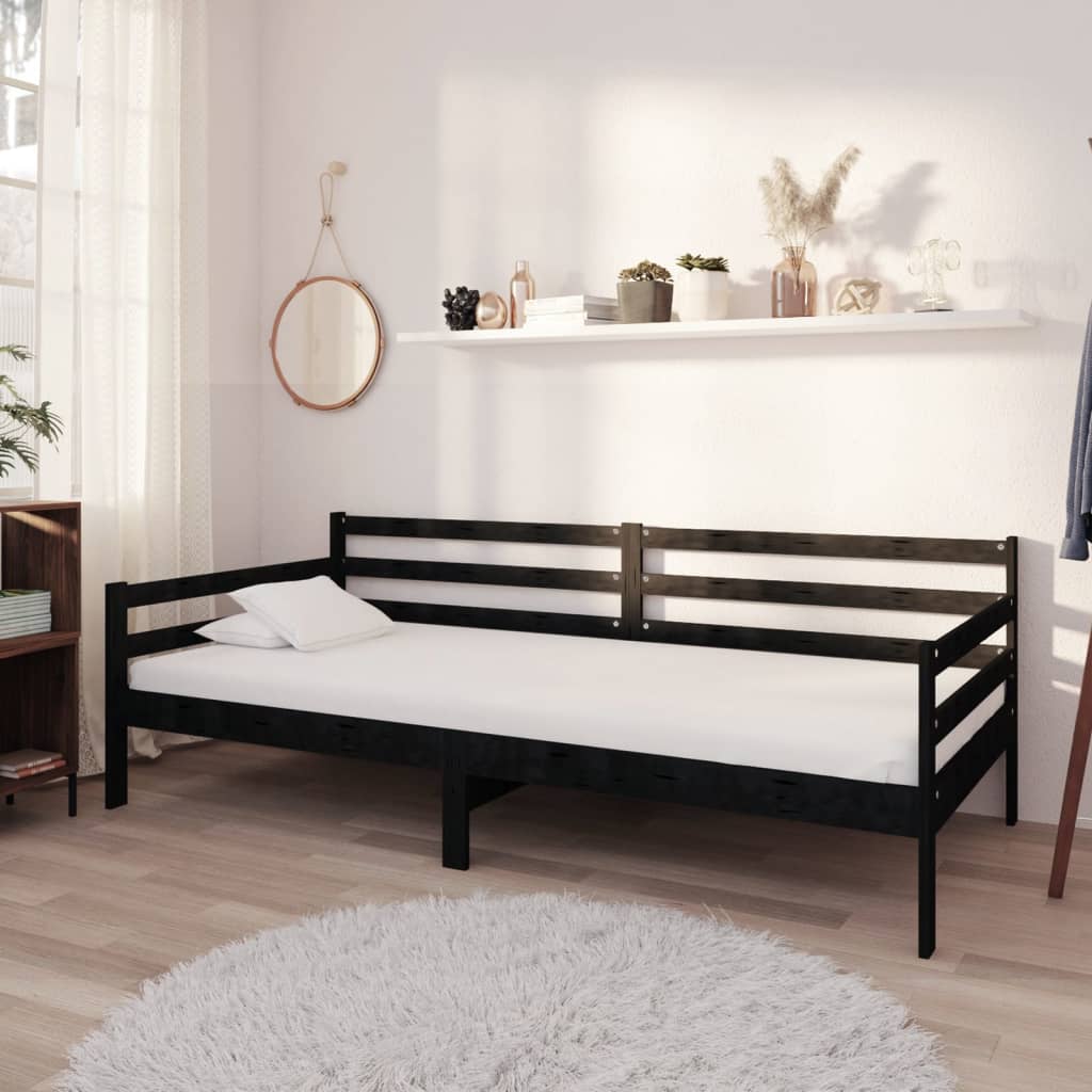 Vetonek Sofá cama con colchón madera de pino maciza negro 90x200 cm