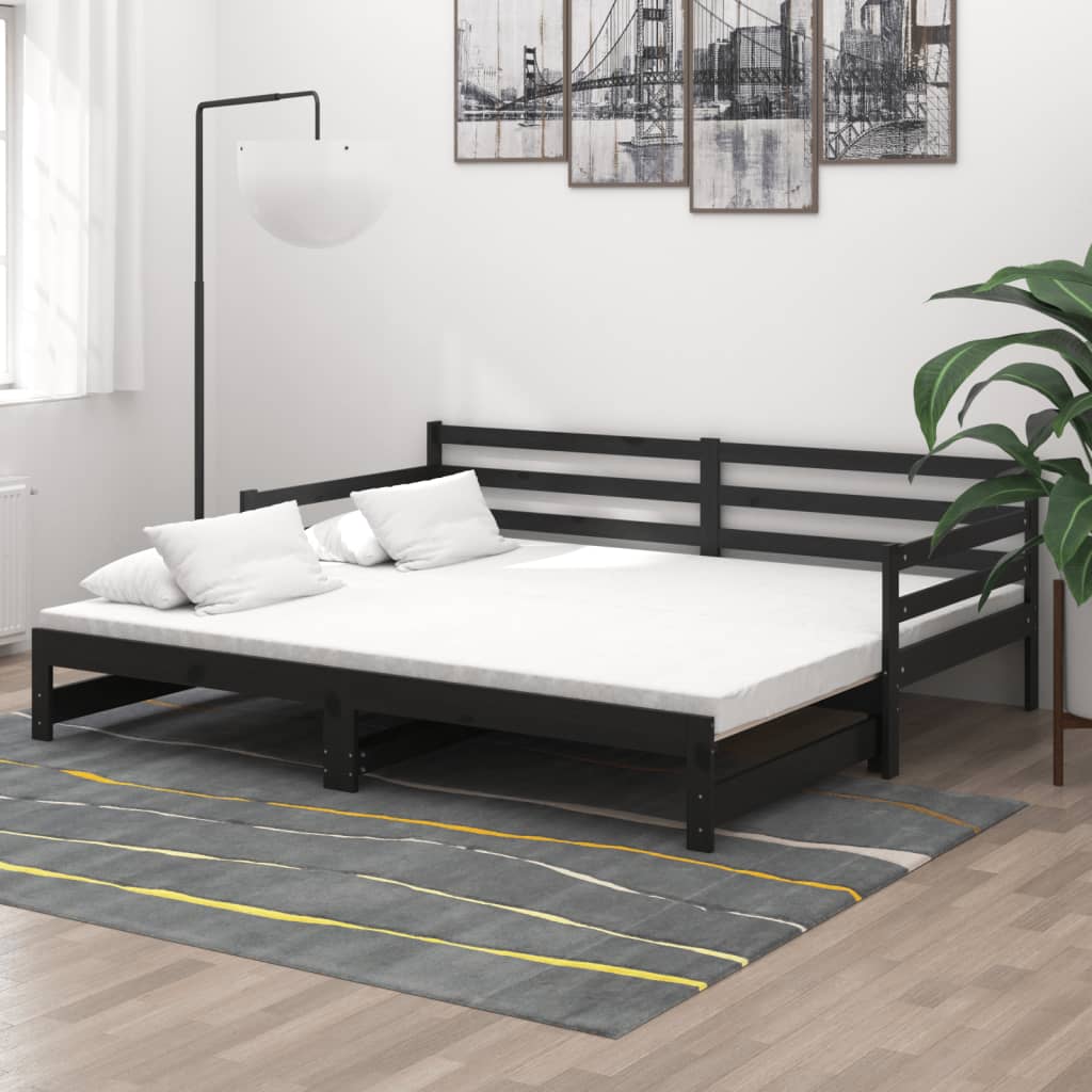 Vetonek Sofá cama extraíble madera maciza de pino negro 2x(90x200) cm