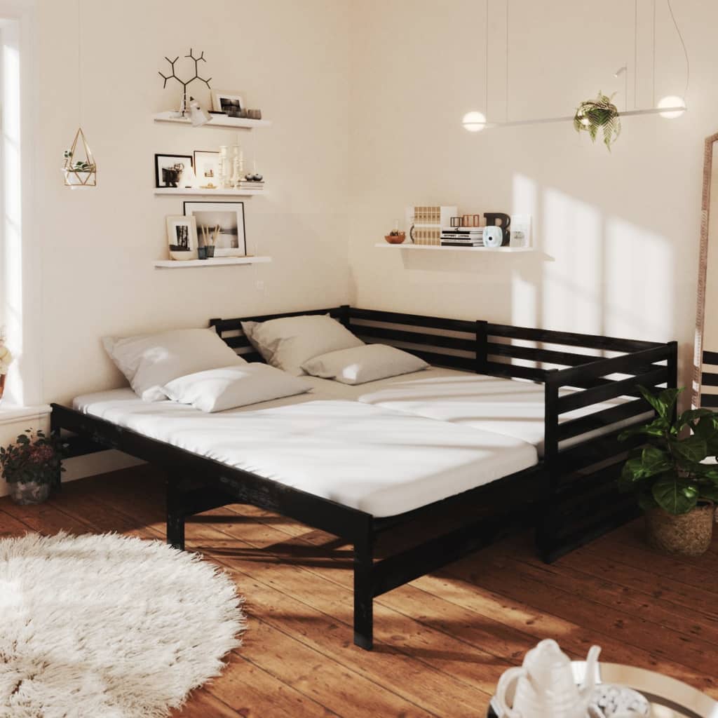 Vetonek Sofá cama extraíble madera maciza de pino negro 2x(90x200) cm