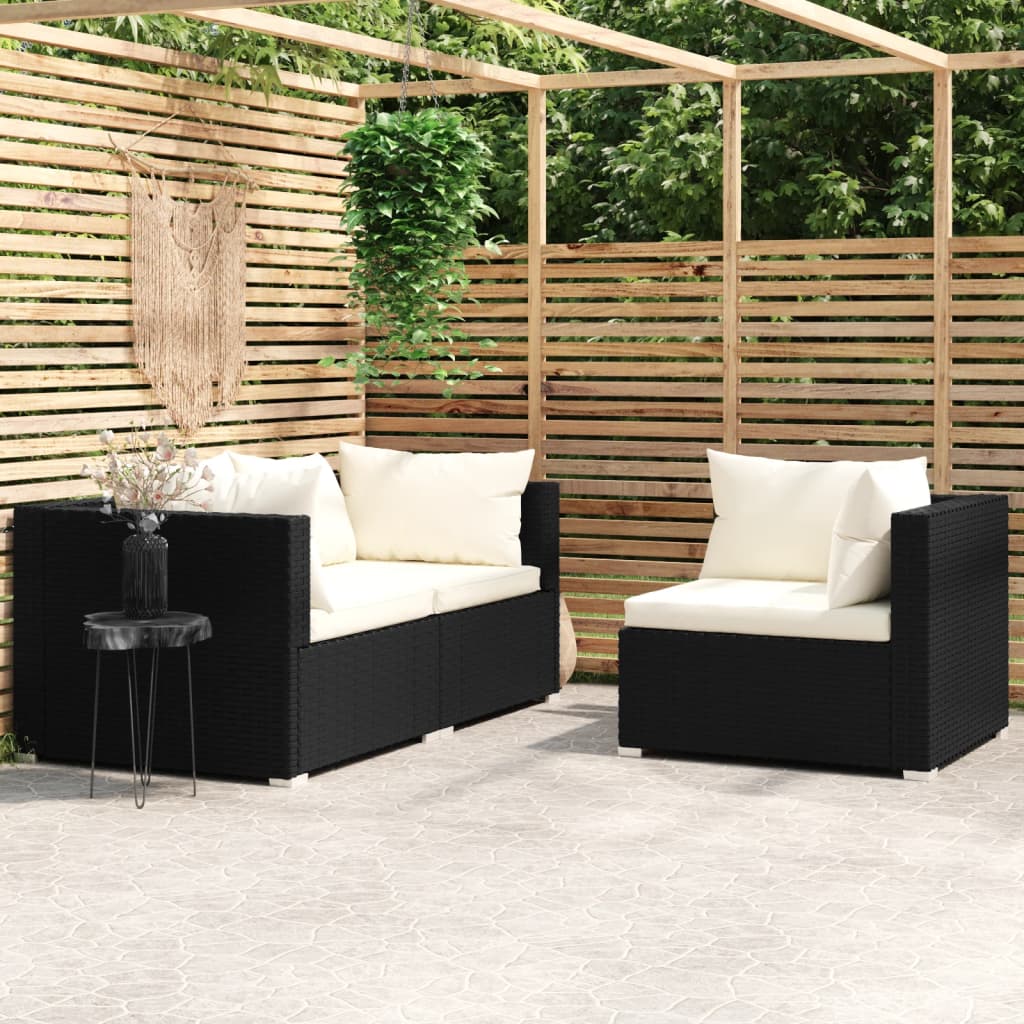 Vetonek Set de muebles de jardín 3 pzas y cojines ratán sintético negro