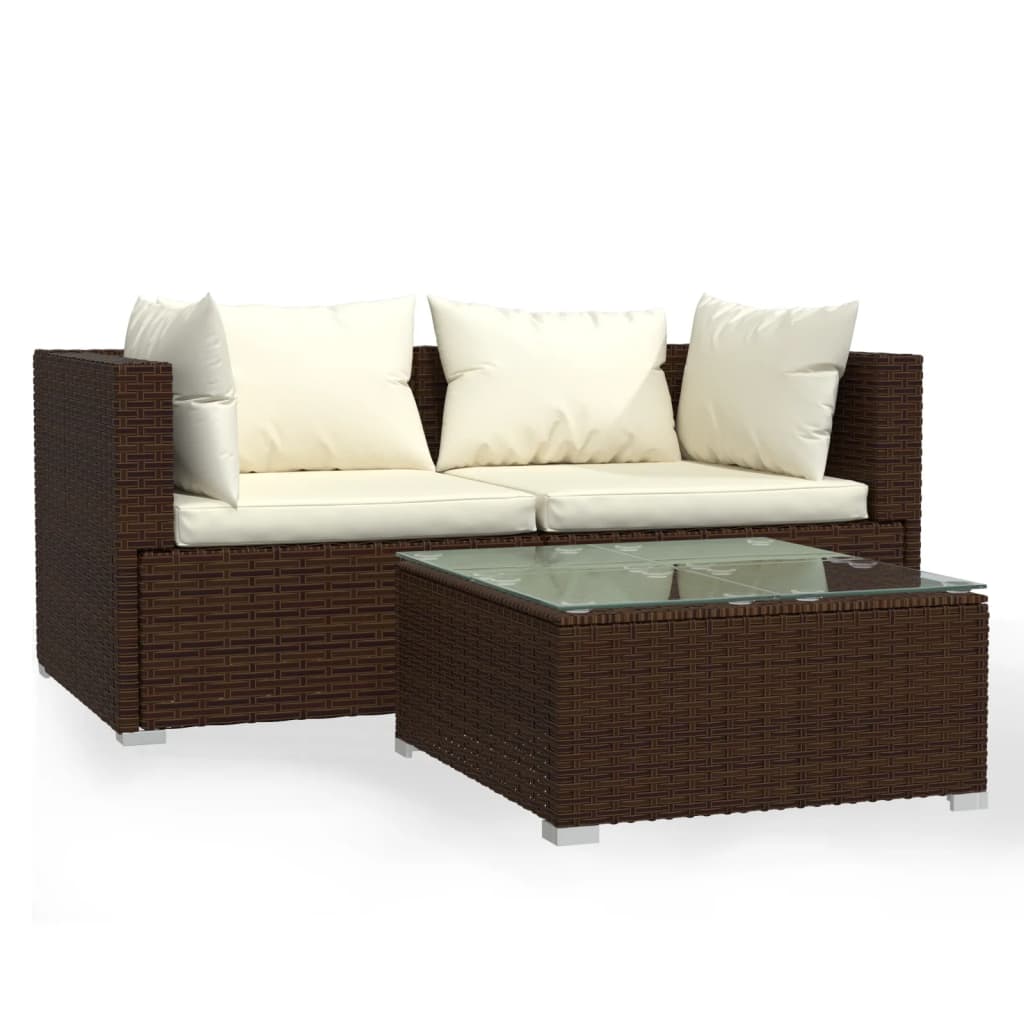 Set muebles de jardín 3 piezas y cojines ratán sintético marrón vidaXL