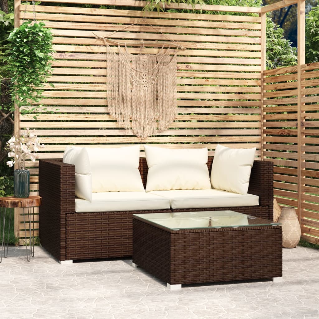 Vetonek Set muebles de jardín 3 piezas y cojines ratán sintético marrón