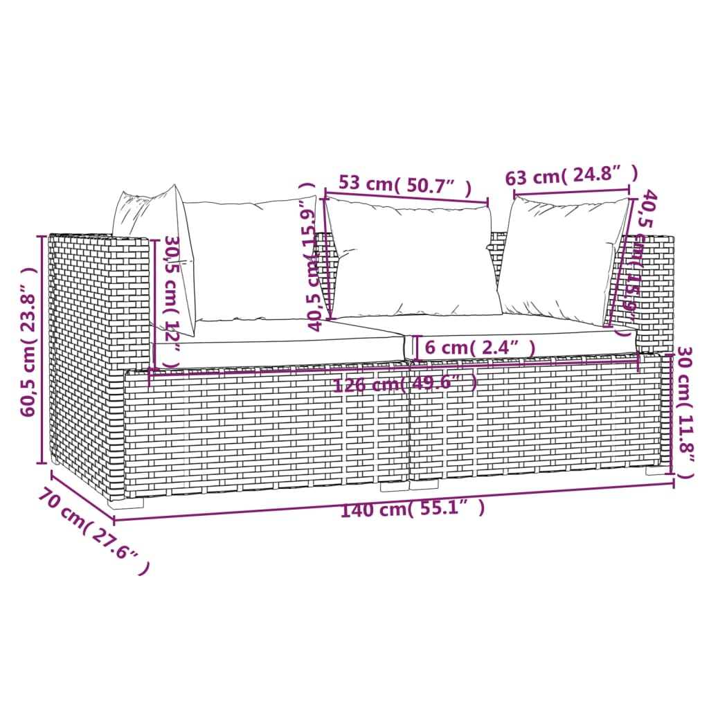 Set muebles de jardín 3 piezas y cojines ratán sintético marrón vidaXL