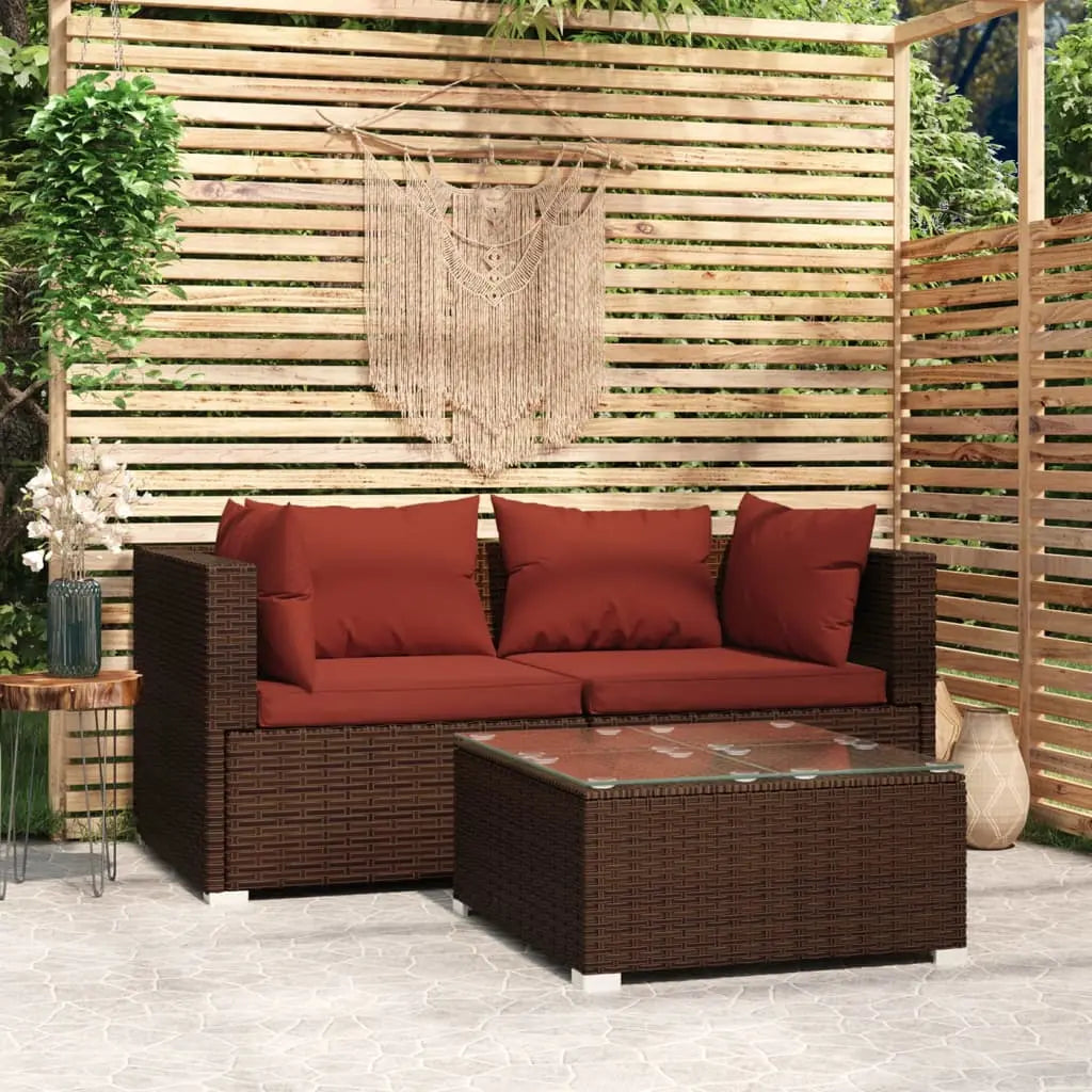 Vetonek Set muebles de jardín 3 piezas y cojines ratán sintético marrón