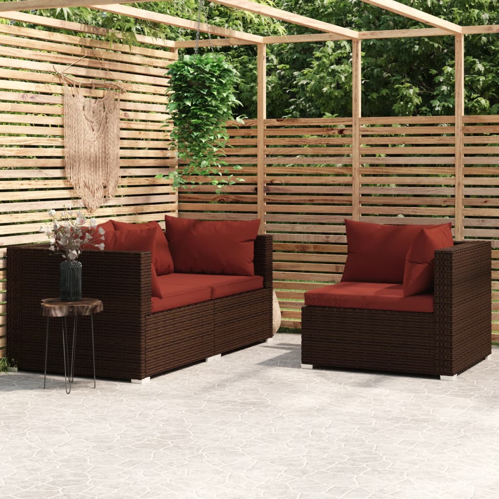 Vetonek Set muebles de jardín 3 piezas y cojines ratán sintético marrón