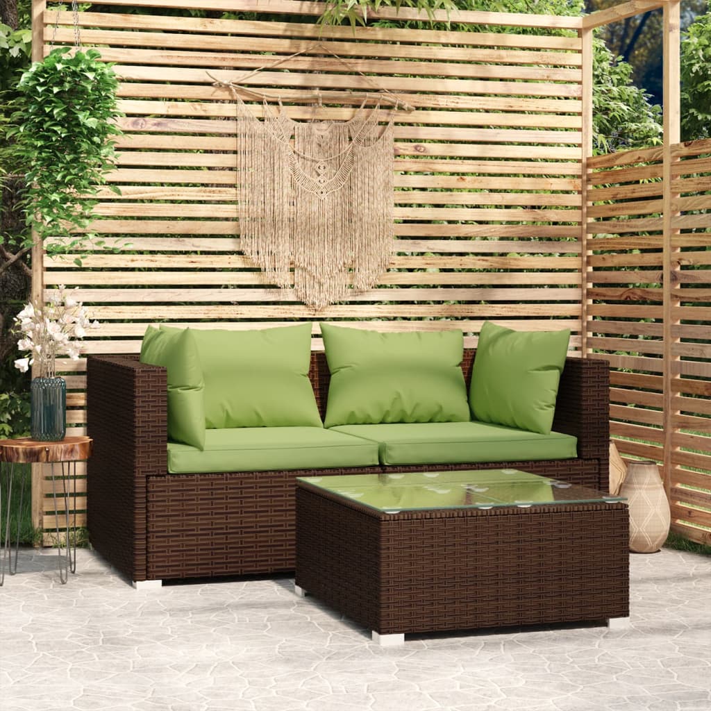 Vetonek Set muebles de jardín 3 piezas y cojines ratán sintético marrón