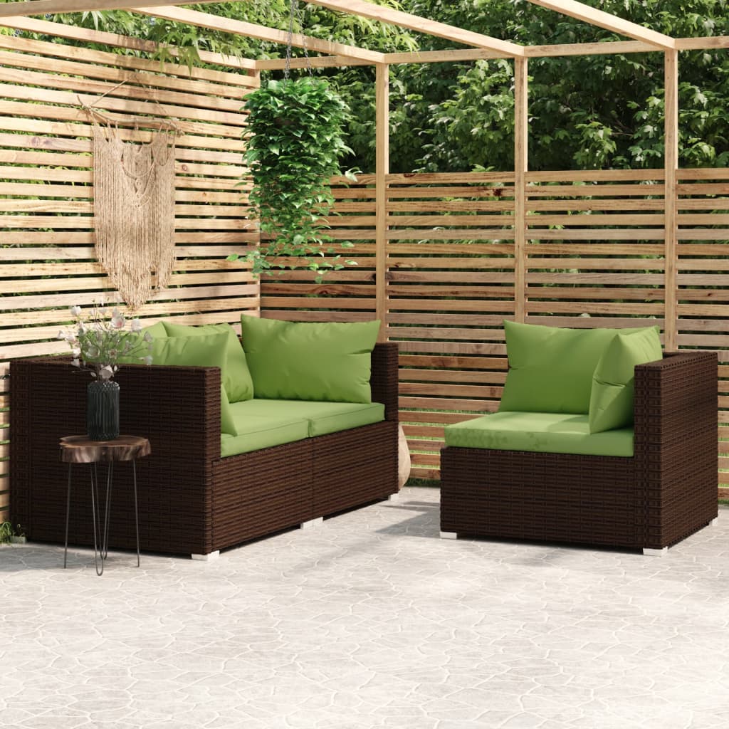 Vetonek Set muebles de jardín 3 piezas y cojines ratán sintético marrón