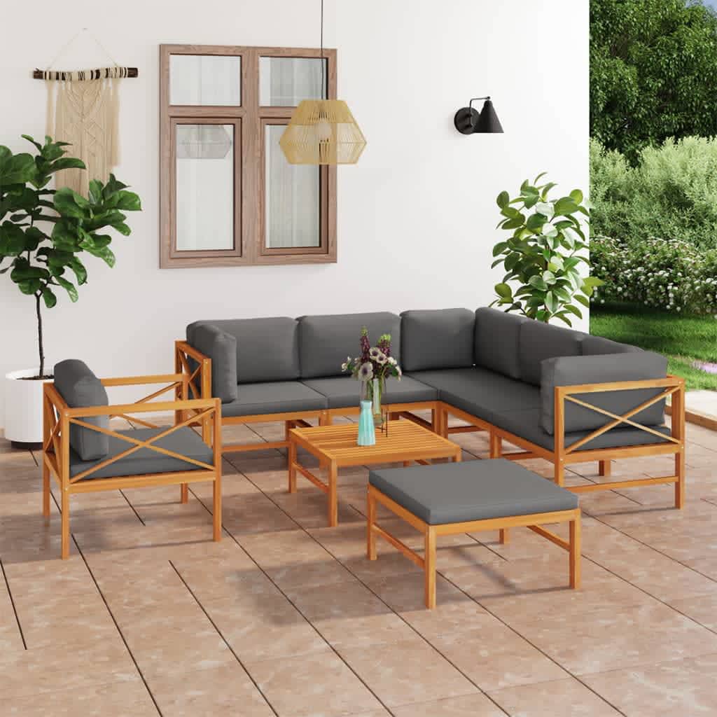 Vetonek Set de muebles de jardín 8 pzas madera de teca y cojines gris