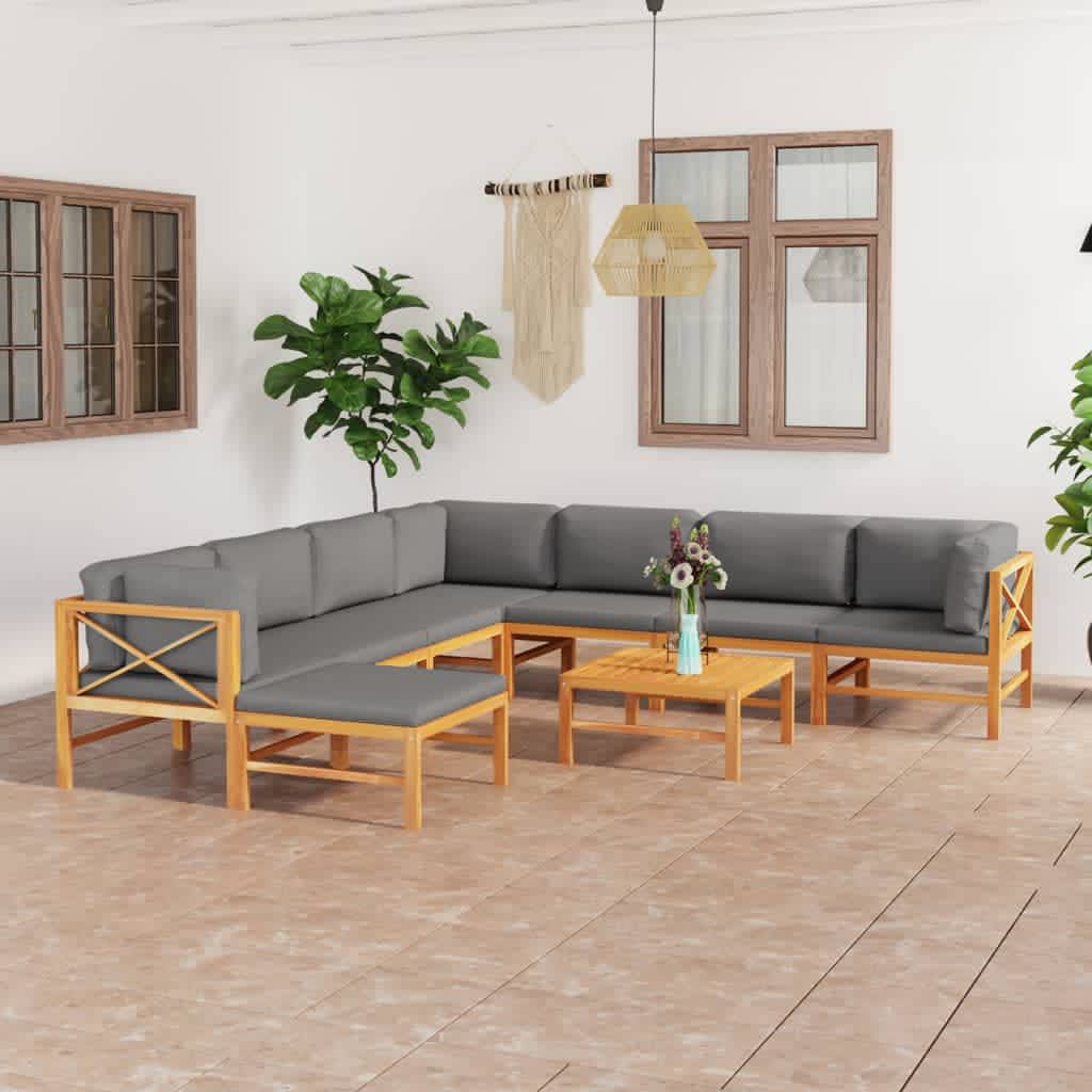 Vetonek Set de muebles de jardín 9 pzas madera de teca y cojines gris