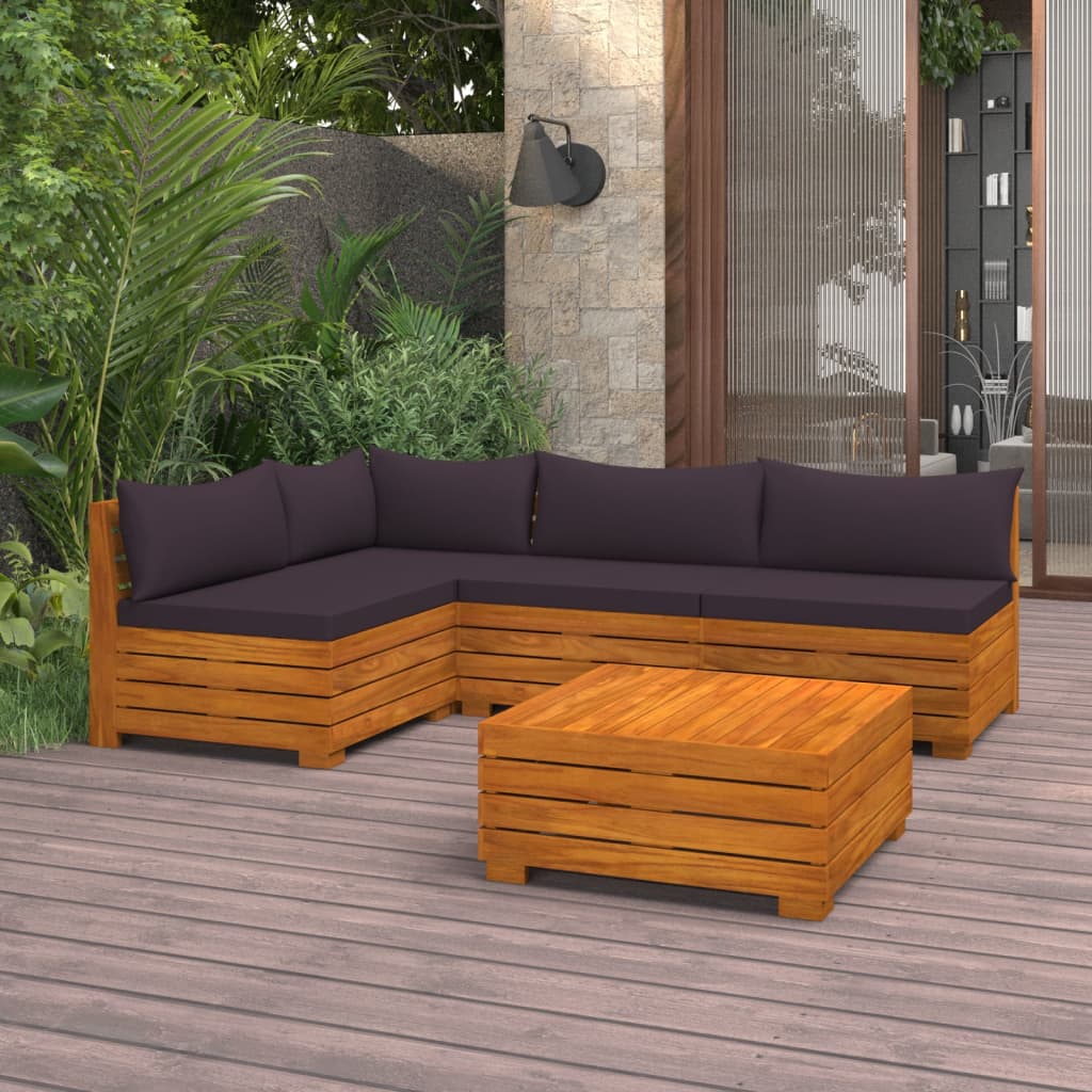 Vetonek Muebles de jardín 5 piezas con cojines madera maciza de acacia 