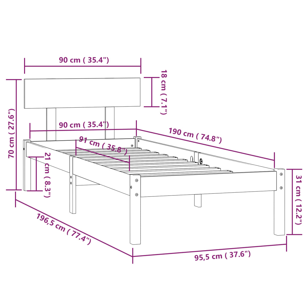 Estructura cama individual sin colchón madera maciza pino negro vidaXL