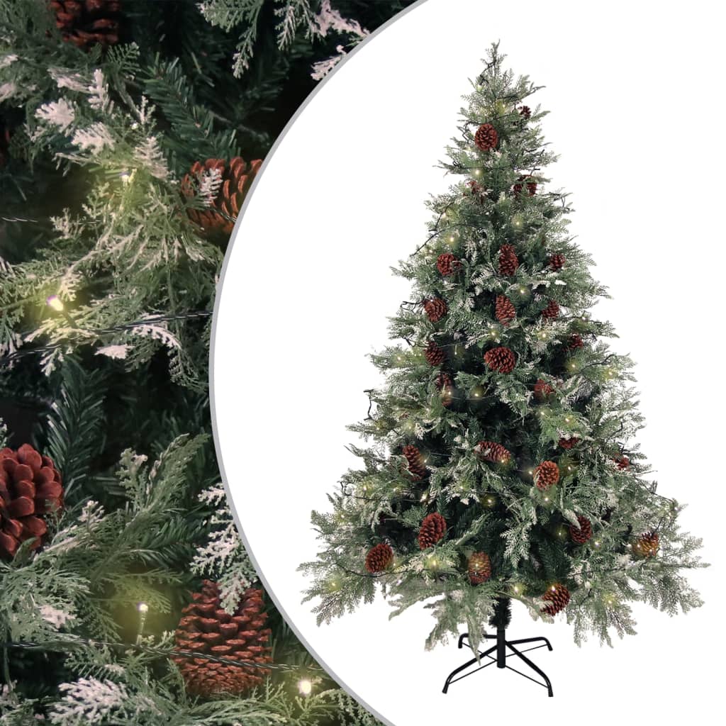 Árbol de navidad con luces y piñas pvc pe verde y blanco 120 cm v7276 Vetonek