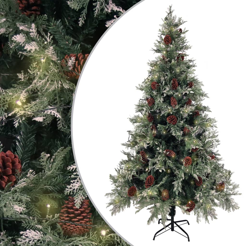 Árbol de navidad con luces y piñas pvc pe verde y blanco 195 cm v7290 Vetonek