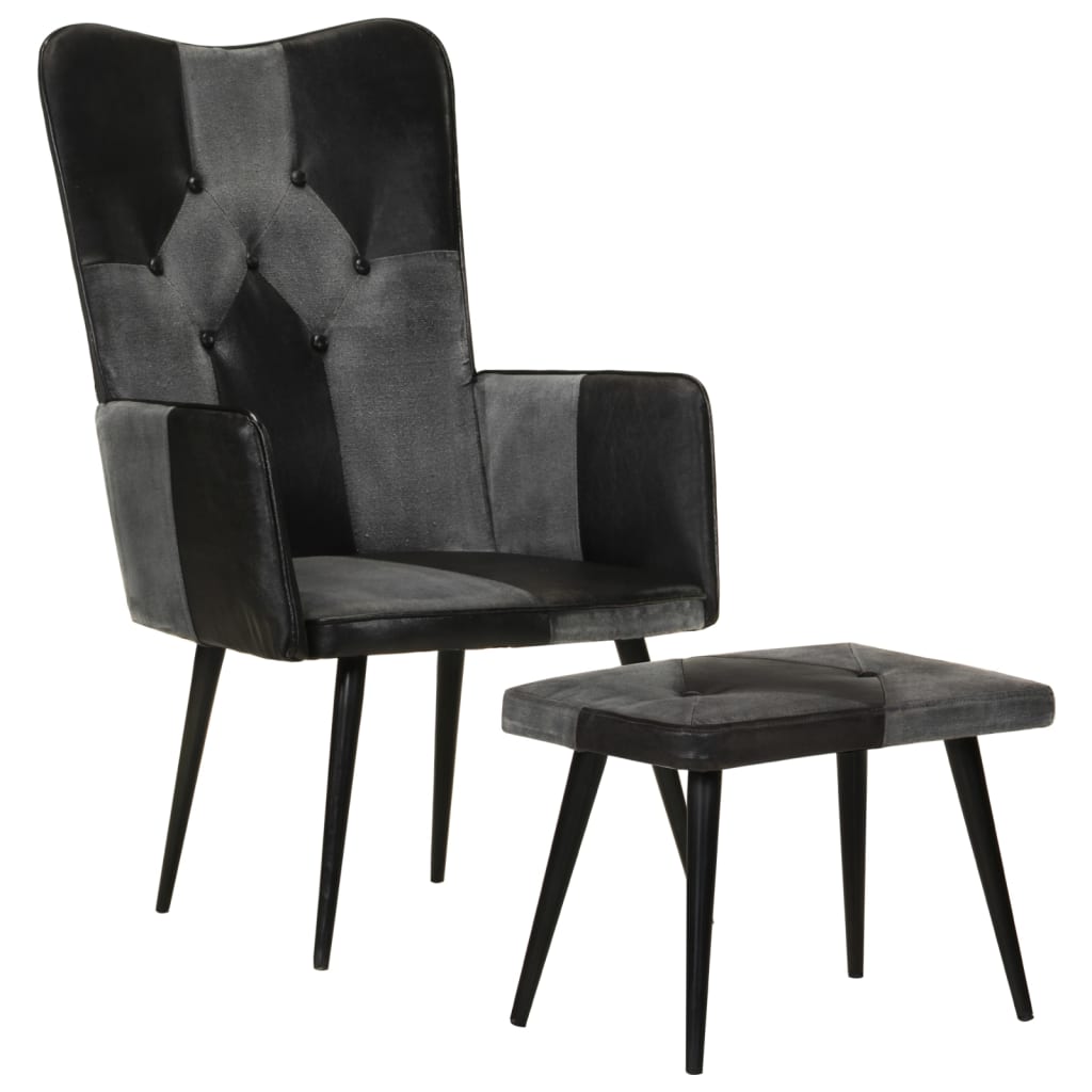 Vetonek Sillón con reposapiés cuero auténtico y lona negro