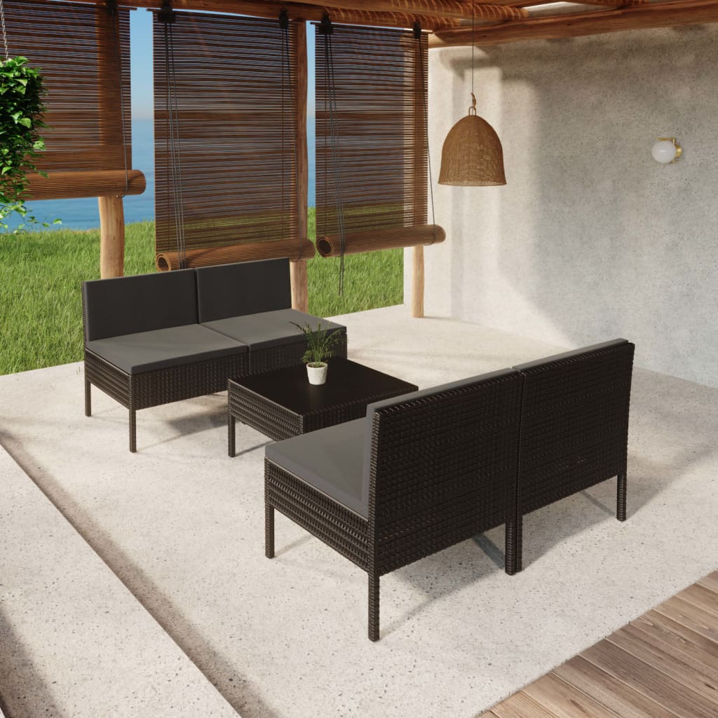 Vetonek Set de muebles de jardín 5 pzas y cojines ratán sintético negro